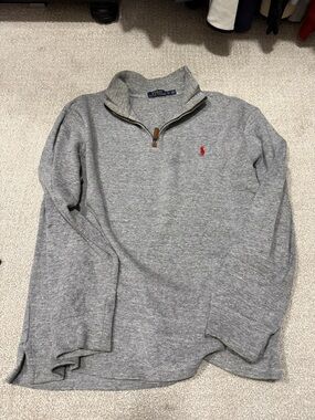 Ralph Lauren Gray Quarter-Zip Sweater with Red Polo Emblem
